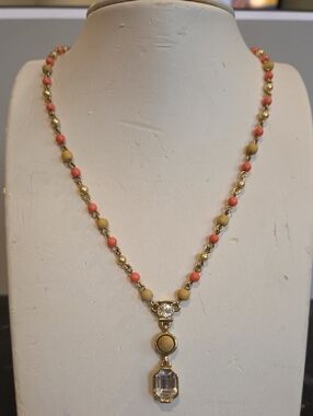 Givenchy Gold Tone Necklace with Coral and Beige Beads and Crystal Pendant